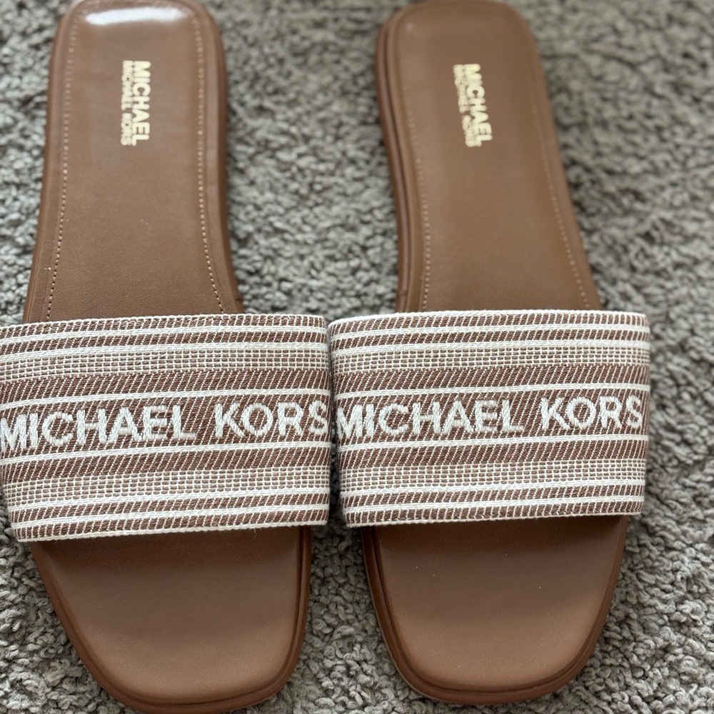 Michael Kors Tan and Cream Slide Sandals